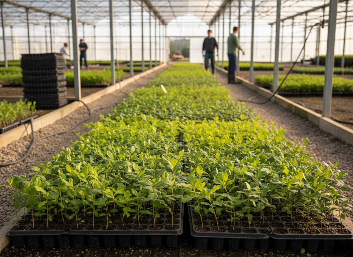 Rows of young forestry sapling seedlings in a professional tree nursery