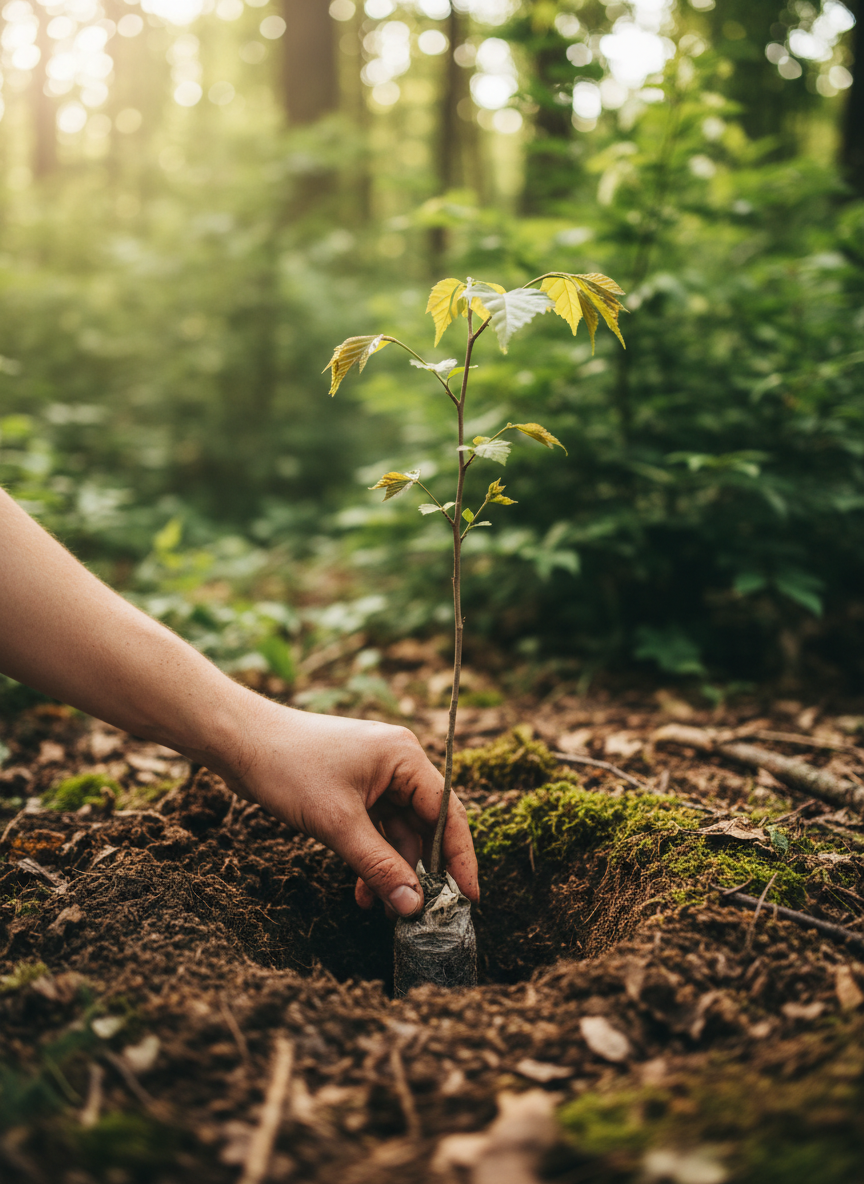 A single hand planting a young tree sapling into rich dark forest soil