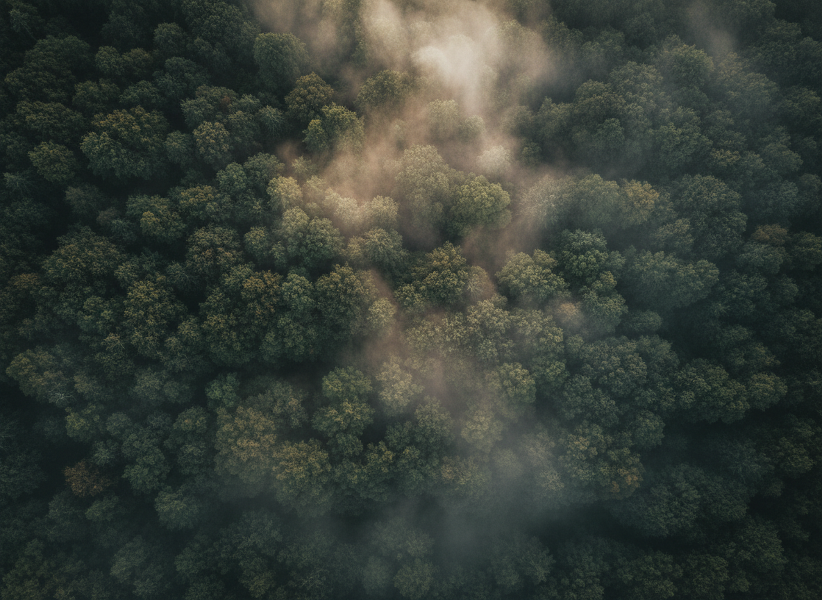 Aerial view of a lush dense UK woodland canopy in deep forest greens, misty morning light filtering through trees