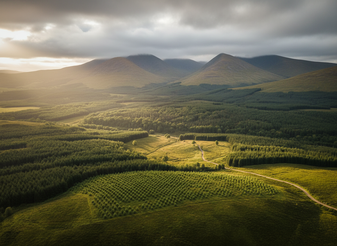 A vast Scottish Highland landscape with rows of young conifer trees planted across rolling hillsides, dramatic misty mountains in the background